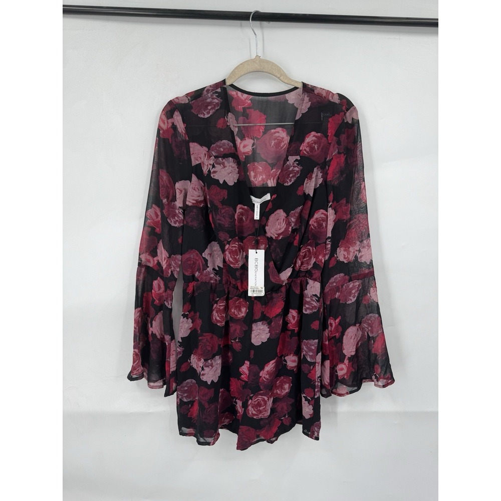 BCBGeneration Romper Women S Black Red Floral Bell Sleeve Witchy Dark Romantic